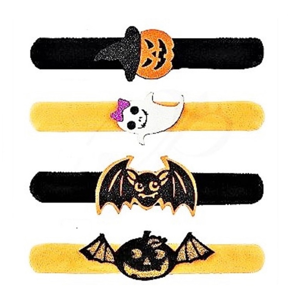 Halloween Slap Bracelets (1)- Black & Orange Cute Ghost, Pumpkin, Bat Designs